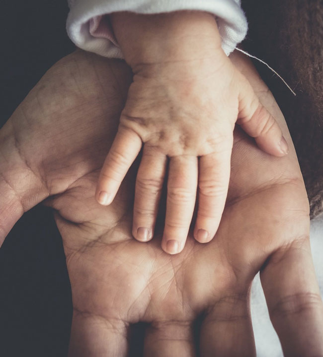 A small baby’s hand rests gently on top of an adult’s open palm, symbolizing care, connection, and protection. The adult hand is larger and supports the tiny, delicate hand of the baby.