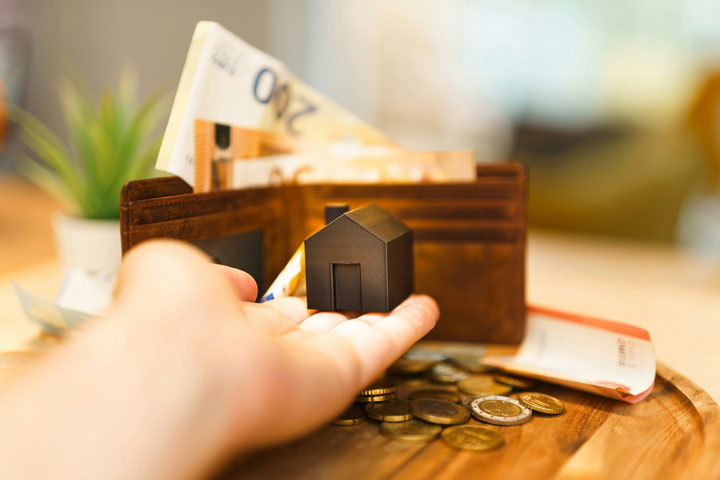 A hand holding a small house model is in the foreground, with an open wallet containing euro banknotes and coins scattered on a wooden surface in the background. A green plant is also visible.