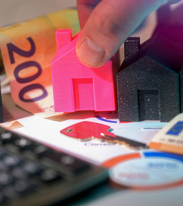 A hand holds a pink house figurine next to black house models, placed on financial charts, with a 200 euro note, a key, and a calculator in the background.
