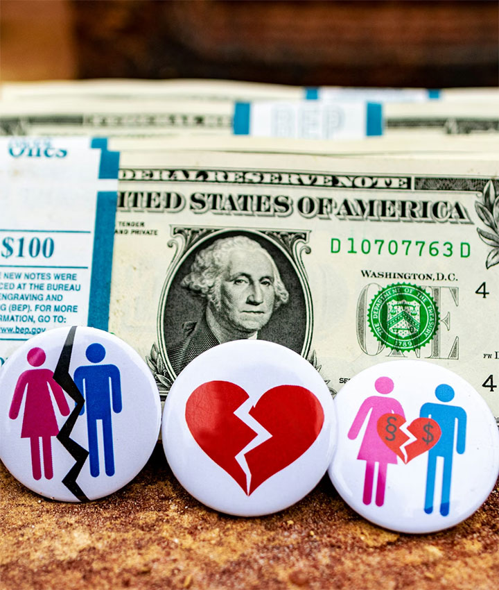 Three buttons with divorce and heartbreak symbols are displayed in front of U.S. dollar bills, suggesting themes of financial impact, separation, and emotional distress related to divorce.