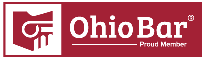 Ohio Bar Proud Member logo. White graphic of a courthouse column and hand on a red background, next to the text "Ohio Bar® Proud Member" in white on red. Ohio Bar Proud Member logo. White graphic of a courthouse column and hand on a red background, next to the text "Ohio Bar® Proud Member" in white on red.