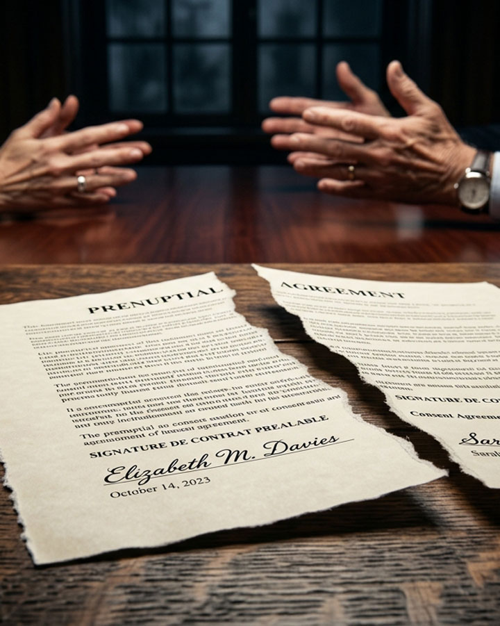 Two people gesture with their hands across a table where a torn prenuptial agreement lies, signed by Elizabeth M. Davies and dated October 14, 2023, suggesting a disagreement or separation.