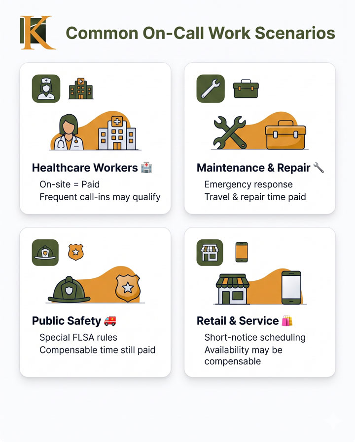 Infographic titled "Common On-Call Work Scenarios" with icons and notes for Healthcare Workers, Maintenance & Repair, Public Safety, and Retail & Service, describing paid and compensable on-call work details for each category.