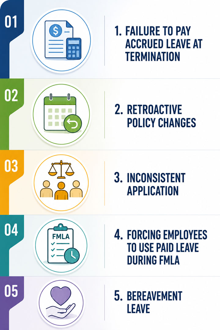 An infographic listing five common leave policy mistakes: failure to pay accrued leave at termination, retroactive policy changes, inconsistent application, forcing use of paid leave during FMLA, and bereavement leave.