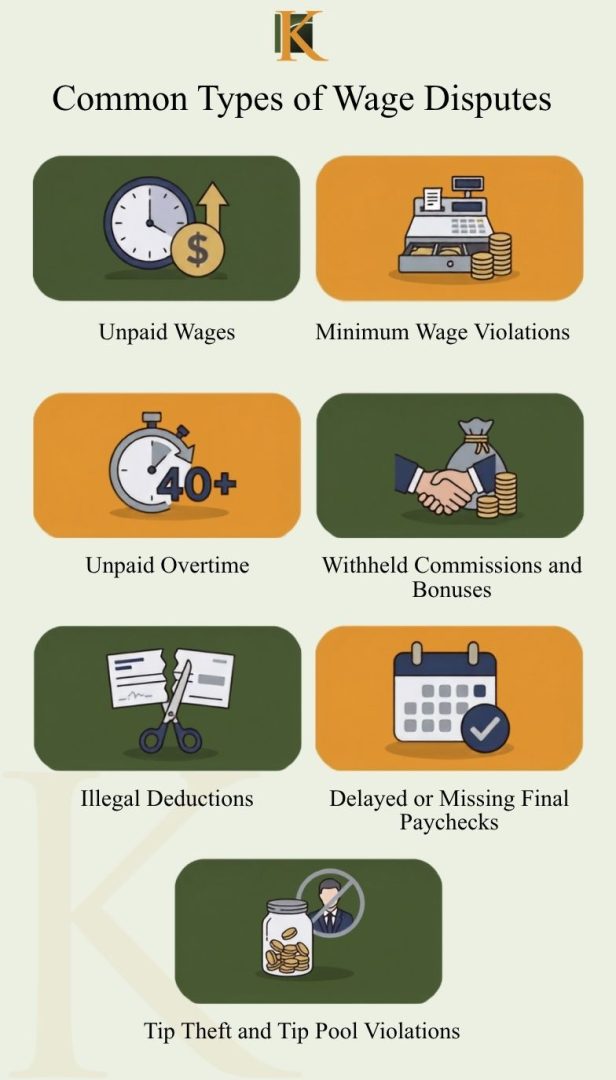 Infographic titled "Common Types of Wage Disputes" with icons and text for: unpaid wages, minimum wage violations, unpaid overtime, withheld commissions and bonuses, illegal deductions, delayed or missing final paychecks, tip theft, and tip pool violations.