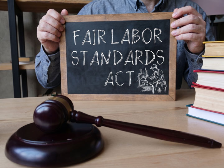 A person holds a chalkboard sign reading "Fair Labor Standards Act" next to a gavel and stacked books on a desk, symbolizing labor laws and legal matters.