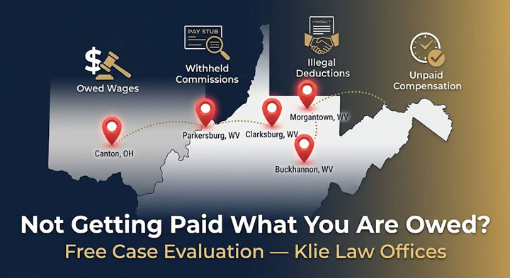 A map with labeled cities and markers shows wage issues like owed wages, withheld commissions, illegal deductions, and unpaid compensation. Text reads: “Not Getting Paid What You Are Owed? Free Case Evaluation — Klie Law Offices.”.
