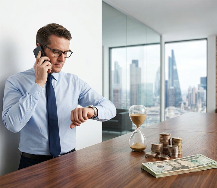 A man in business attire talks on a phone while checking his watch in a modern office. On the desk are an hourglass, stacks of coins, and dollar bills, with city buildings visible through large windows.