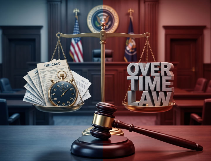 A courtroom with scales of justice; one side holds timecards and a stopwatch, the other side has the words "OVERTIME LAW." A judge’s gavel rests in front of the scales, and U.S. flags are visible in the background.