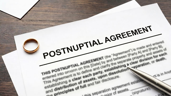 A document titled "Postnuptial Agreement" on a desk with a gold wedding ring and a pen placed on top, suggesting the signing or reviewing of a legal marital contract.
