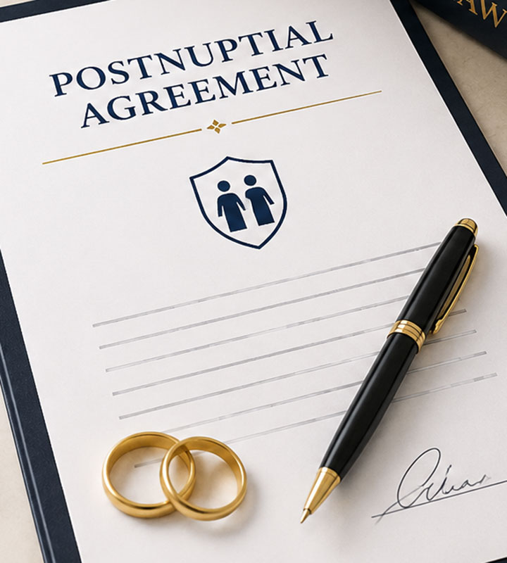 A postnuptial agreement document with a signature line, two gold wedding rings, and a black and gold pen placed on top.