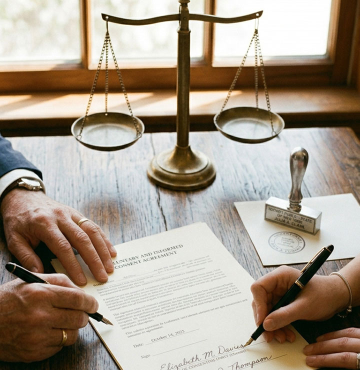 Two people signing a legal document at a wooden desk, with a brass balance scale, a notary stamp, and sunlight streaming through a window in the background.