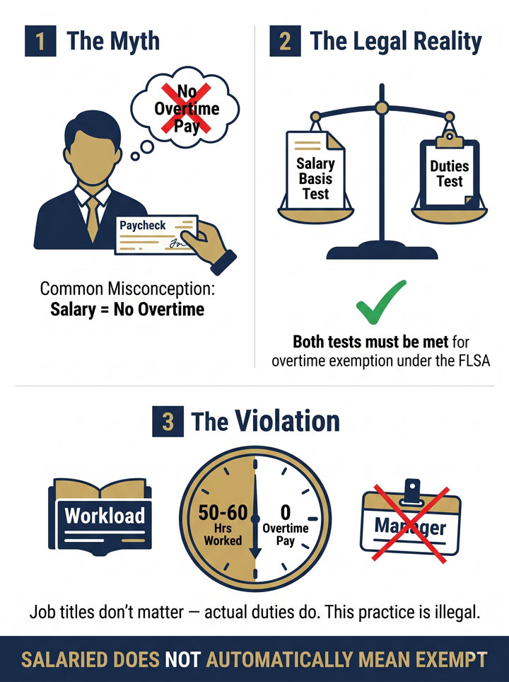 Infographic explaining that a salary alone does not mean exemption from overtime pay under FLSA; both salary basis and duties tests must be met. Highlights common myths, legal reality, and violations regarding overtime pay.
