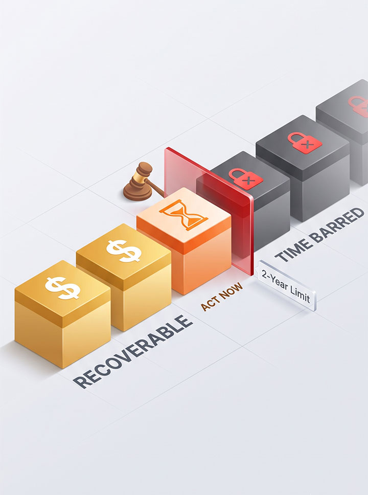 A 3D illustration shows yellow blocks with dollar signs labeled "RECOVERABLE," a block with an hourglass and "ACT NOW," a gavel, a "2-Year Limit" sign, and dark blocks labeled "TIME BARRED" with locked padlocks.