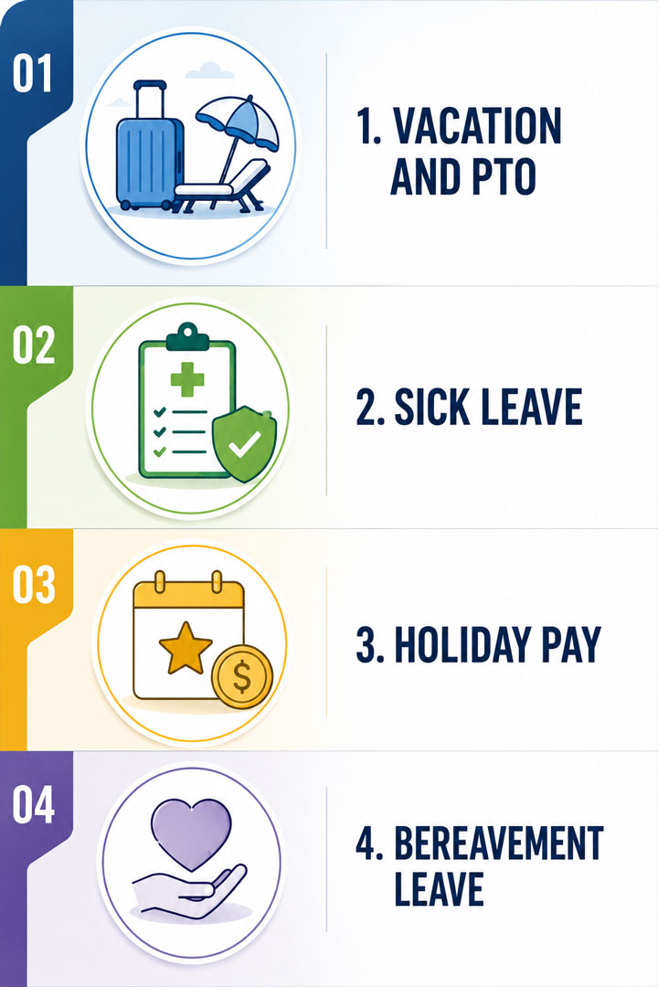 An infographic listing four employee benefits: 1. Vacation and PTO (illustrated by luggage and a beach umbrella), 2. Sick Leave (clipboard with medical symbols), 3. Holiday Pay (calendar and coins), 4. Bereavement Leave (hand holding a heart).