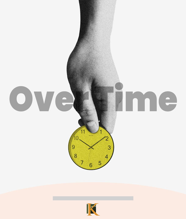 A grayscale hand holds a small yellow clock below bold gray text reading "OverTime." The background is white with a faint arch and a stylized "K" logo at the bottom.