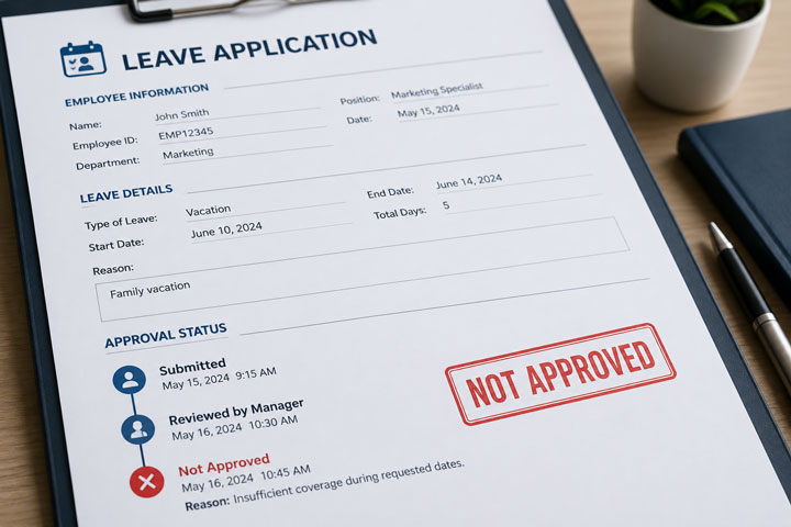 A leave application form on a clipboard, filled out and stamped with "NOT APPROVED" in red. The reason for leave is "Family vacation" and the application was reviewed but not approved.