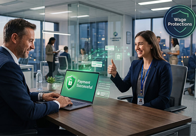 A man and woman in business attire sit across from each other at a desk in a modern office. The woman's giving a thumbs up, while the man's laptop displays "Payment Successful." A "Wage Protections" sign is visible.