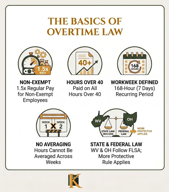 Infographic titled "The Basics of Overtime Law" with icons explaining: non-exempt employees get 1.5x pay for overtime, overtime is over 40 hours/week, 7-day workweek, no averaging hours, and varying state/federal law rules.