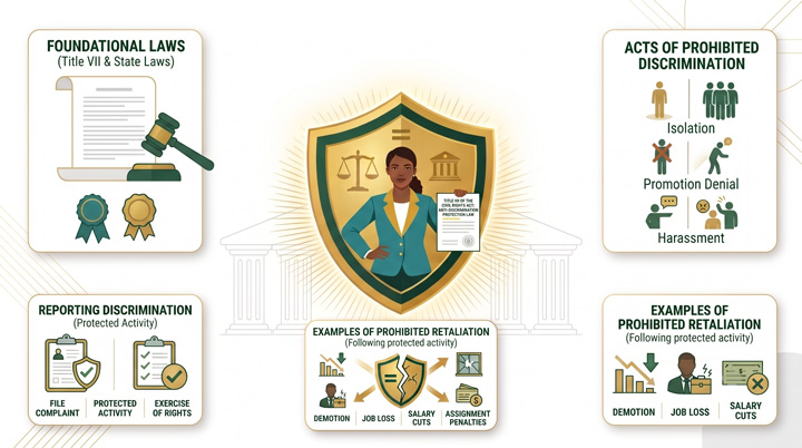 Infographic showing workplace discrimination laws, prohibited acts, and retaliation examples. Illustrates filing complaints, legal protections, and consequences like demotion, job loss, and salary cuts. Central figure stands confidently with shield.