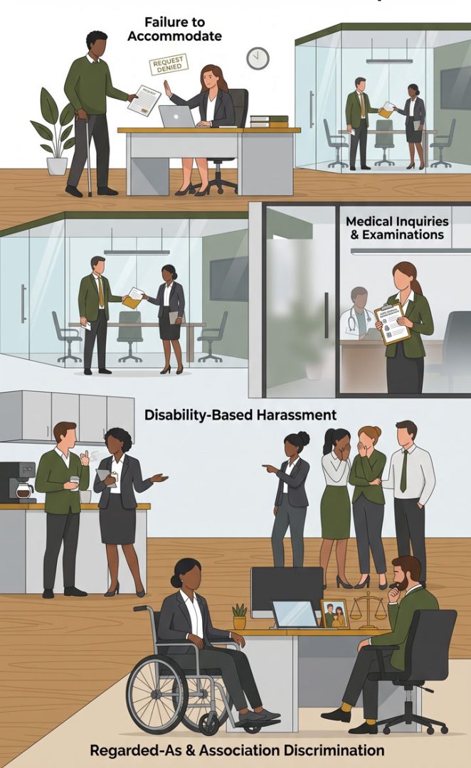 An illustrated office scene shows examples of disability discrimination: refusal to accommodate, medical inquiries, harassment, and discrimination against a wheelchair user.