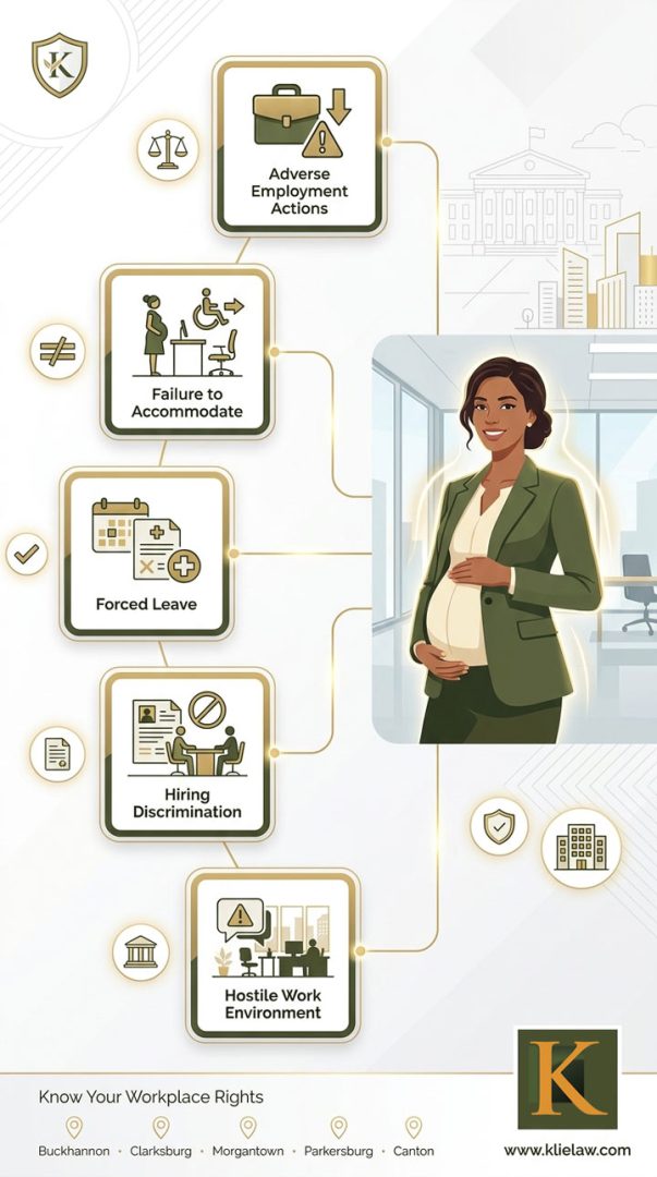 Illustration showing a pregnant woman in business attire, with icons depicting workplace issues like adverse actions, lack of accommodation, forced leave, hiring discrimination, and hostile work environment.