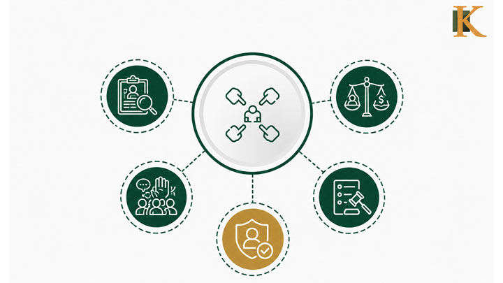 A central icon of hands and a lock connects to five icons: clipboard, scales, checklist, group of people, and a shield with a person, representing interconnected security or compliance elements.