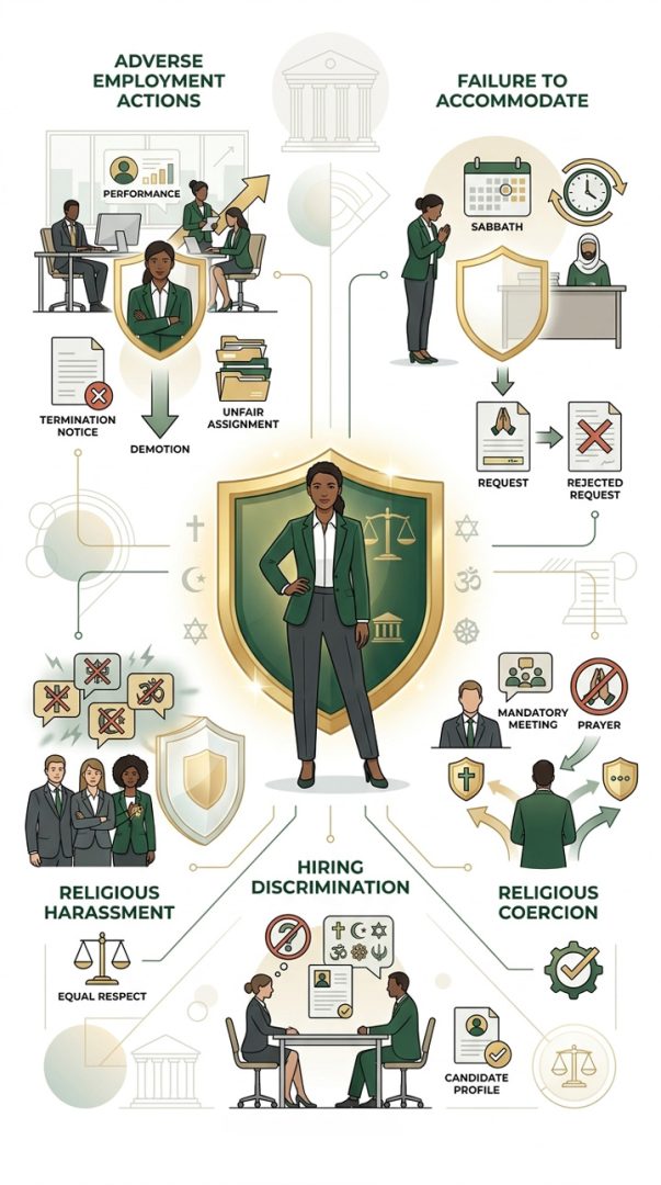 Illustration of a woman at the center with icons and scenes representing workplace issues: discrimination, harassment, unfair practices, religious coercion, and failure to accommodate, all connected by arrows and shield graphics.