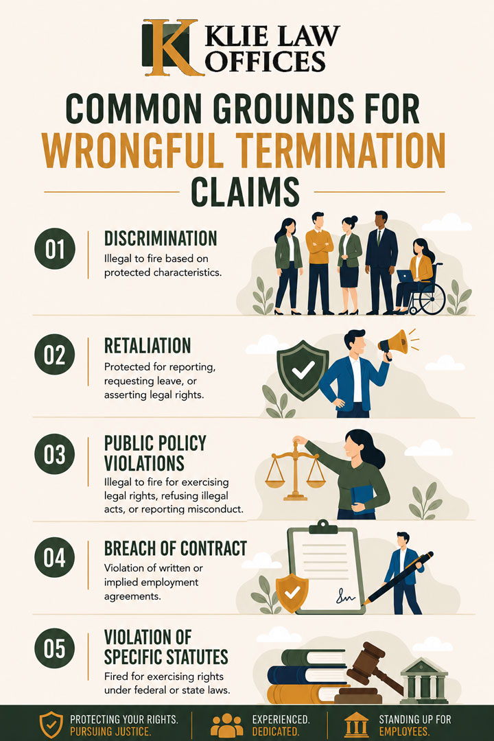 Infographic by Klie Law Offices titled "Common Grounds for Wrongful Termination Claims," listing discrimination, retaliation, public policy violations, breach of contract, and violation of specific statutes with related icons.