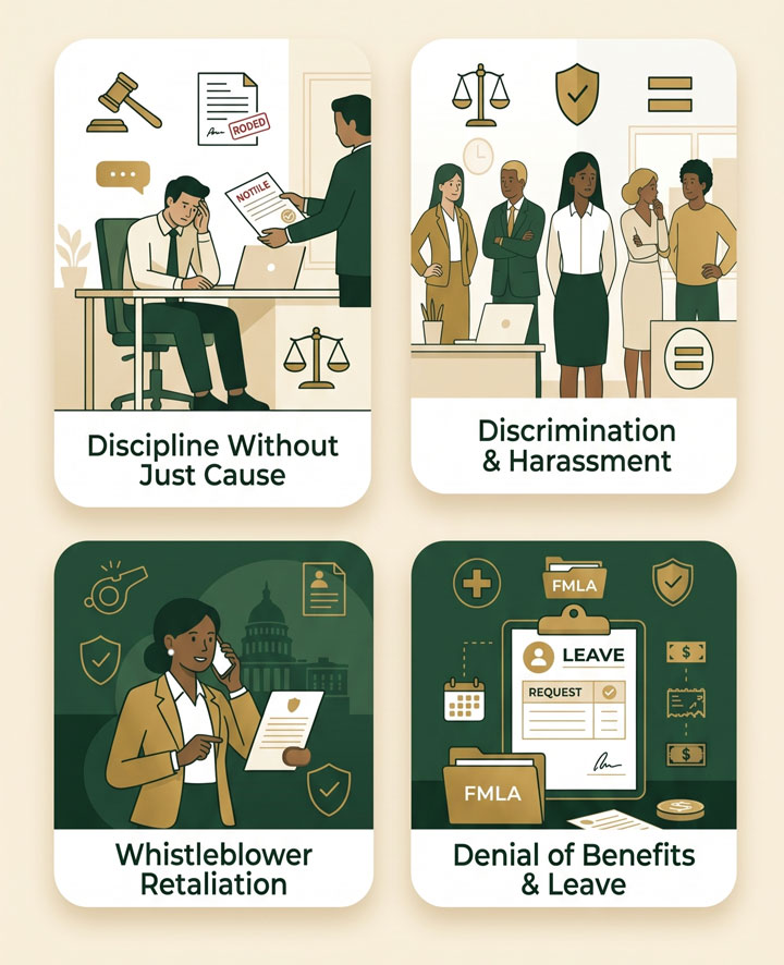 Four illustrated panels showing issues at work: discipline without cause, discrimination and harassment, whistleblower retaliation, and denial of benefits or leave, each with diverse characters and related icons.