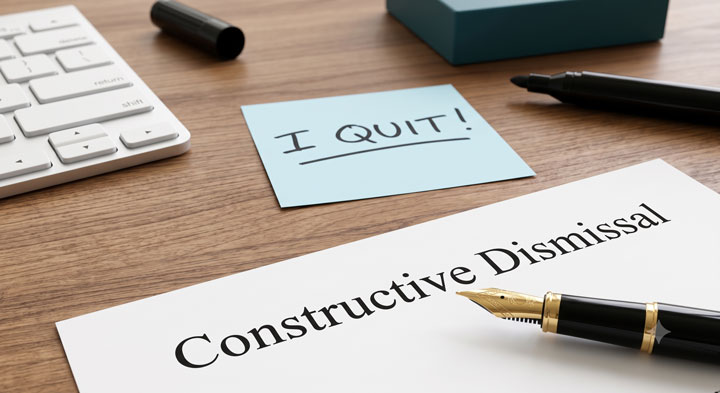 A desk with a document titled "Constructive Dismissal," a pen, a keyboard, and a sticky note that says "I QUIT!" in bold letters.
