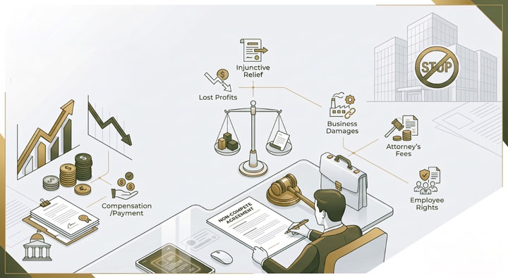Illustration of a person at a desk labeled "Non-Compete Agreement," with icons showing lost profits, injunctive relief, business damages, attorney’s fees, employee rights, and compensation/payment.