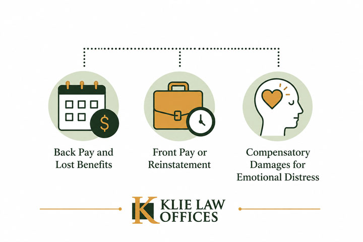 Infographic showing three legal remedies: Back Pay and Lost Benefits, Front Pay or Reinstatement, and Compensatory Damages for Emotional Distress. Klie Law Offices logo is at the bottom.