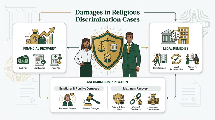 Infographic explaining damages in religious discrimination cases, including financial recovery, legal remedies, and maximum compensation, with illustrated icons and two people standing by a shield in the center.