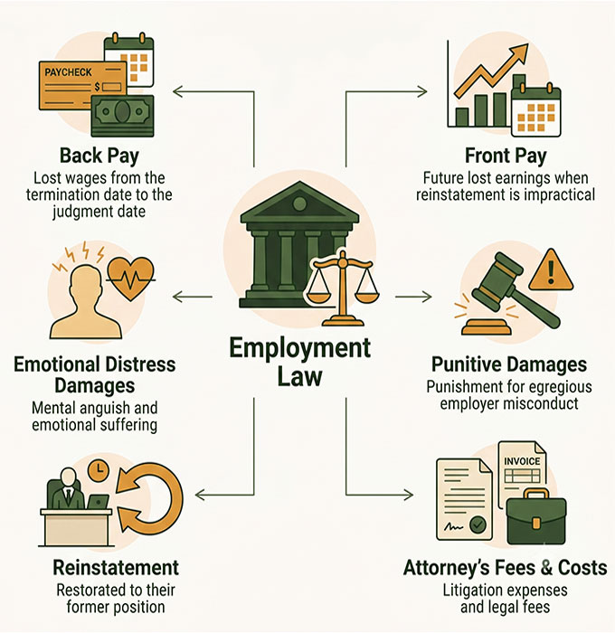 Infographic illustrating types of employment law remedies: back pay, front pay, emotional distress damages, punitive damages, attorney’s fees & costs, and reinstatement, each with relevant icons and brief descriptions around a courthouse image.