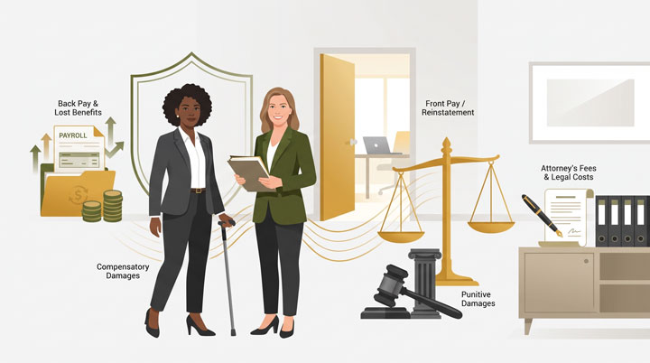 Two professional women stand in an office, with symbols of payroll, money, a shield, scales, gavel, legal files, and open doors illustrating various types of employment-related compensation and legal remedies.