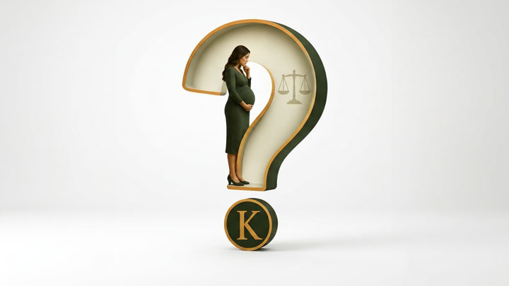 A pregnant woman stands inside a large three-dimensional question mark. A faint image of balancing scales appears behind her, and the letter "K" is on the dot of the question mark. The background is plain and light.