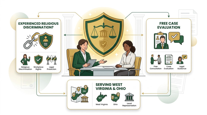 Two women meet at a desk, surrounded by icons about religious discrimination, legal protection, free consultations, and a map showing legal services for West Virginia and Ohio.