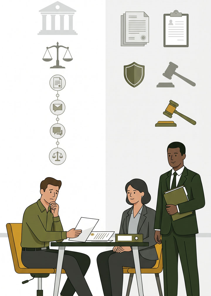 Three people in business attire meet at a desk with legal documents. Legal-themed icons, such as scales, a gavel, and a courthouse, appear above and around them, suggesting a law or legal consultation setting.