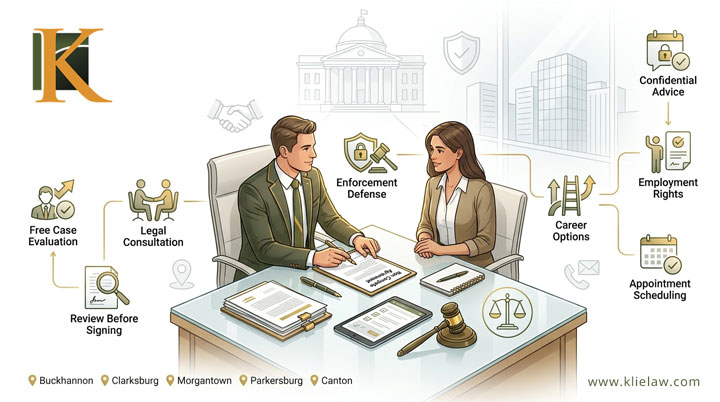 Two lawyers sit at a desk discussing documents. Icons around them illustrate services like legal consultation, employment rights, confidential advice, and more. The website and office locations are also displayed.