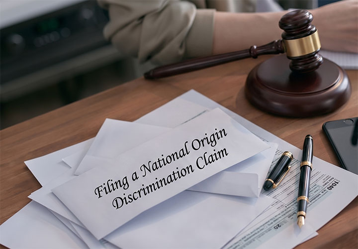 A person sits at a desk with a gavel, pen, and papers. The top envelope reads, "Filing a National Origin Discrimination Claim.