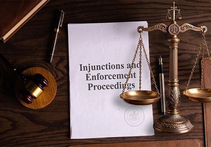 A legal document titled "Injunctions and Enforcement Proceedings" is on a wooden desk with a gavel, scales of justice, pen, and leather folders arranged around it.