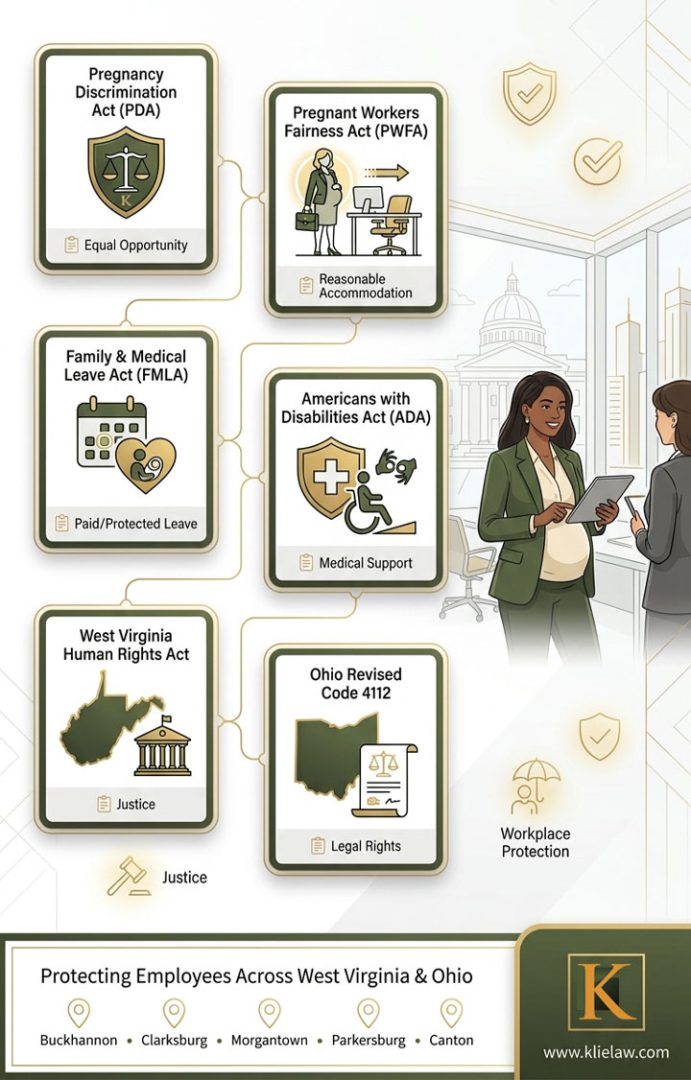 Infographic showing laws protecting pregnant employees in WV and Ohio, including PDA, PWFA, FMLA, ADA, WV Human Rights Act, and Ohio Code 4112, with icons and two women, one pregnant, talking in an office.