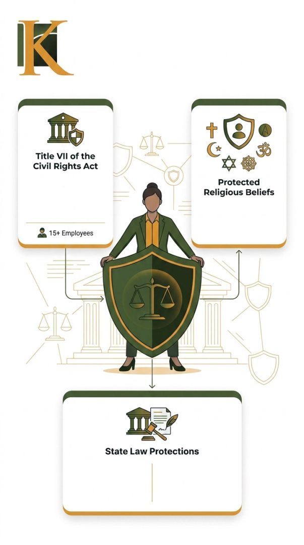 Illustration of a person holding a shield, with icons of legal protection, religious symbols, and text: "Title VII of the Civil Rights Act," "Protected Religious Beliefs," and "State Law Protections.