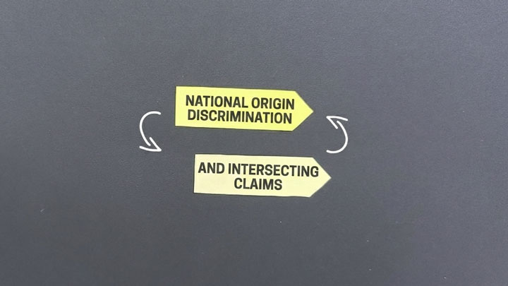 Two yellow arrows on a gray background. One arrow says “National Origin Discrimination,” the other says “And Intersecting Claims.” Curved white arrows connect them in a cycle.