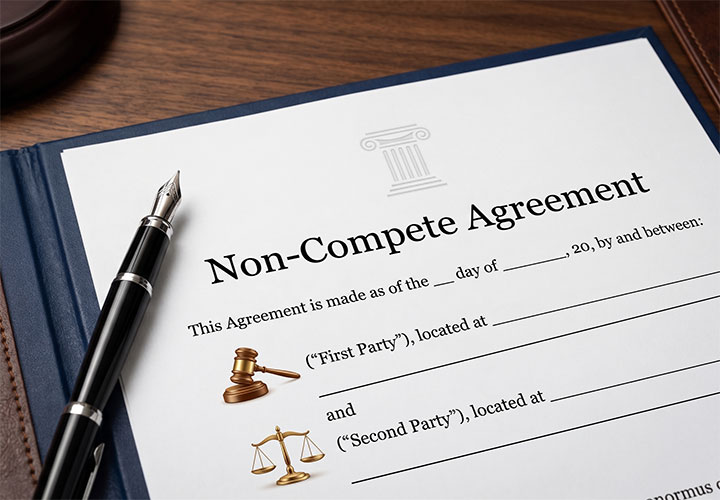 A close-up of a non-compete agreement form on a clipboard, with blank spaces for details. A pen rests on the left side of the form, and legal icons, including a gavel and scales, are visible.