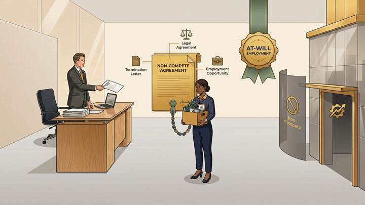 A woman holding a box of belongings stands in an office, chained to a large Non-Compete Agreement, as a man hands her a termination letter. Signs for At-Will Employment and No Compete are visible in the room.