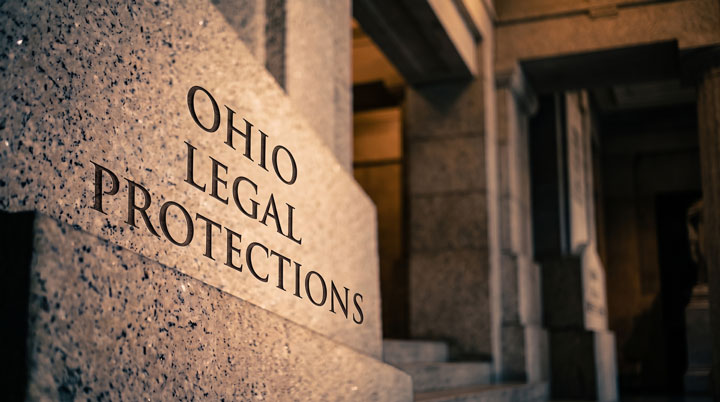 Stone wall engraved with the words "Ohio Legal Protections" in a formal font, set against the backdrop of a government or courthouse building with marble columns and lighting.