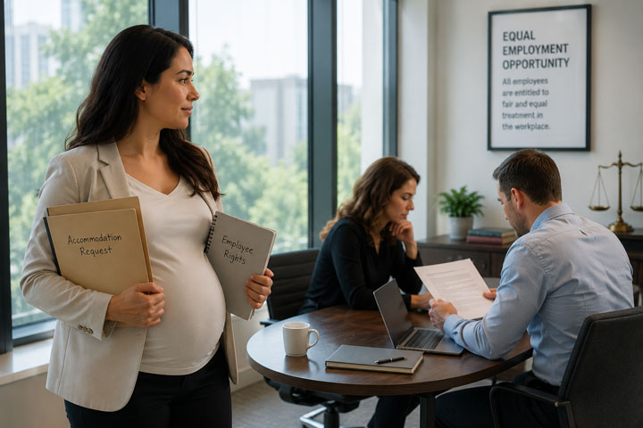 A pregnant woman holding folders labeled “Accommodation Request” and “Employee Rights” stands in an office. Two colleagues are seated at a table, reviewing documents. A sign about equal employment opportunity is on the wall.