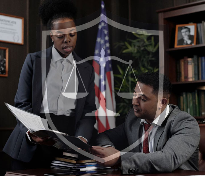 Two professionals in business attire review documents in an office with shelves, books, and a US flag. A transparent scales of justice symbol overlays the image, suggesting a legal setting.